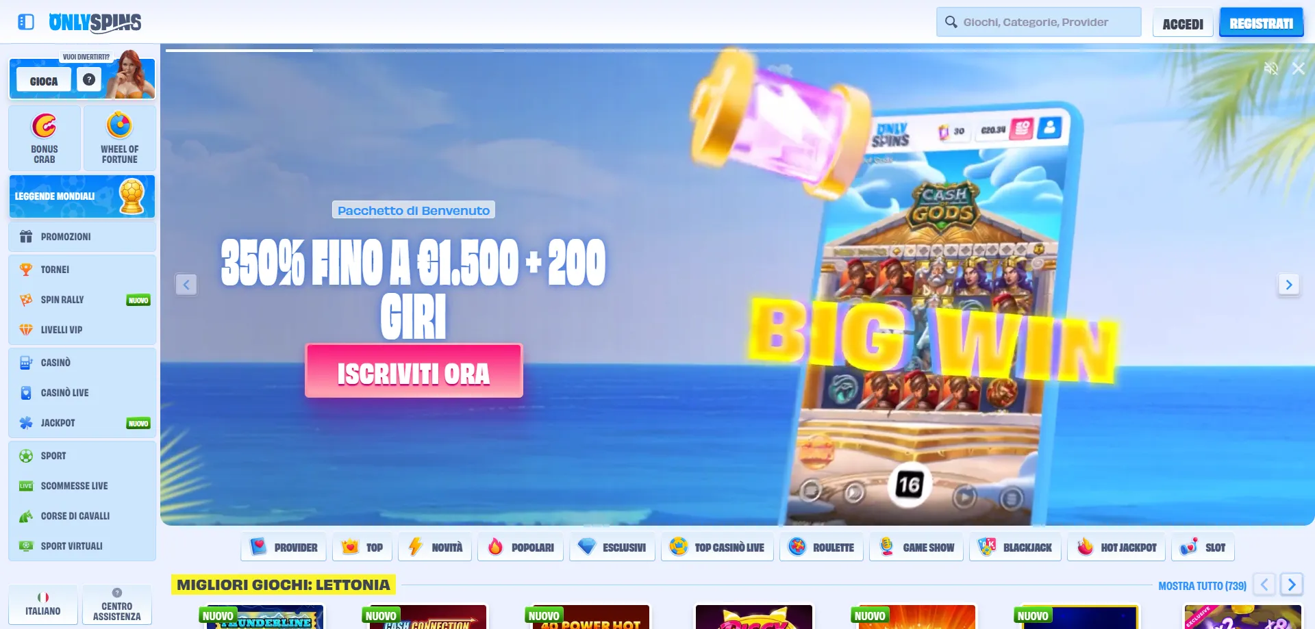 onlyspins-home2 OnlySpins Casinò Italia panoramica piattaforma e giochi disponibili