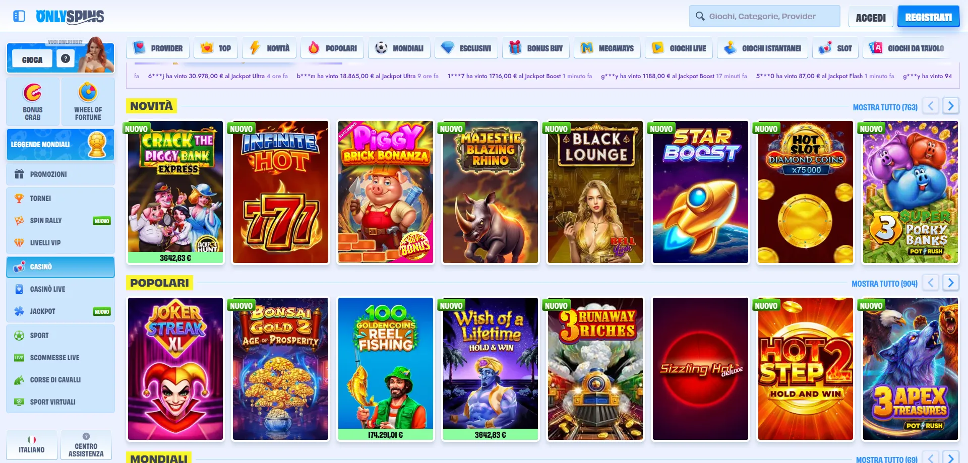 onlyspins-slots2 Catalogo slot OnlySpins Casinò giochi online provider top